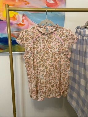 Nanette‎ Lepore Pink Floral Ruffle Neck Blouse Medium cottage fairy classy